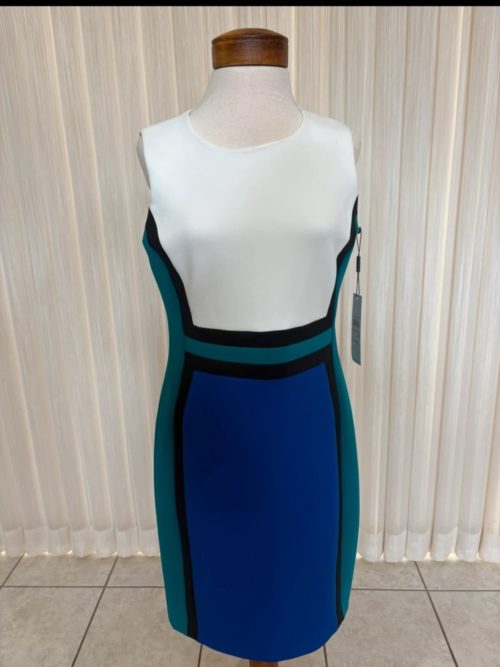 Calvin Klein White, Teal & Blue Colorblock Sheath Dress